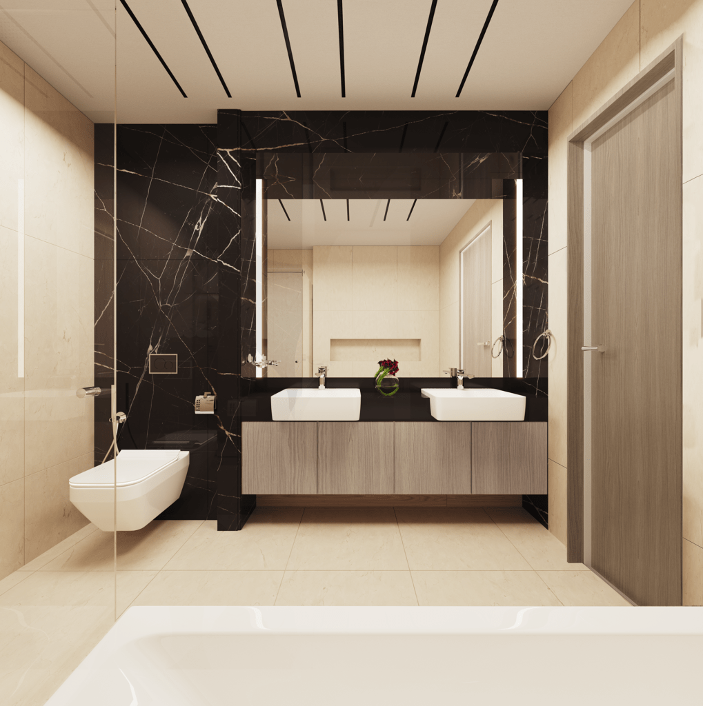 Bathrooms with premium fixtures, including bathtubs, sinks, WC, and shower heads